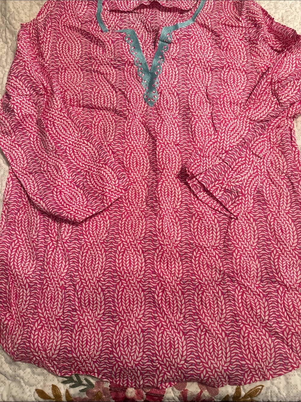 Talbots Pink Leaf-Print Tunic with Teal Trim Embroidery